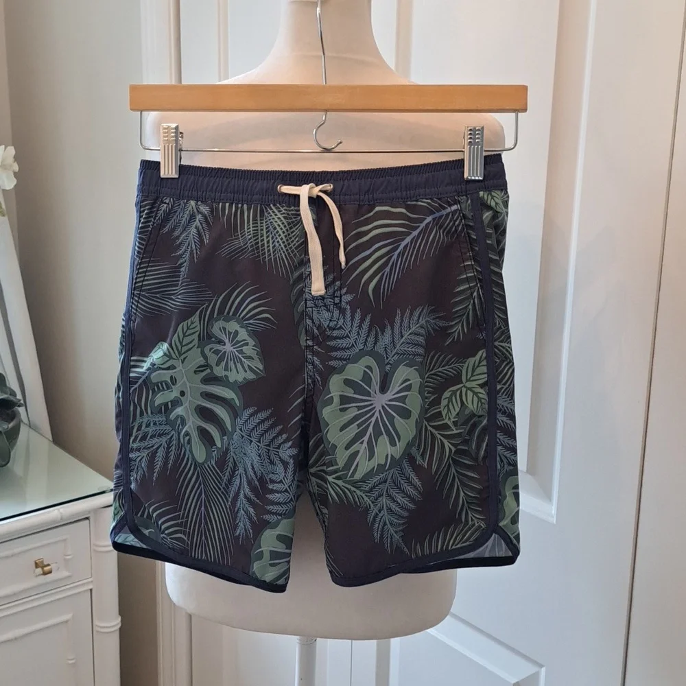 Fair Harbor Boys Blue/Green Tropical Print Swim Trunks Quick-Dry Elastic L(8-10)